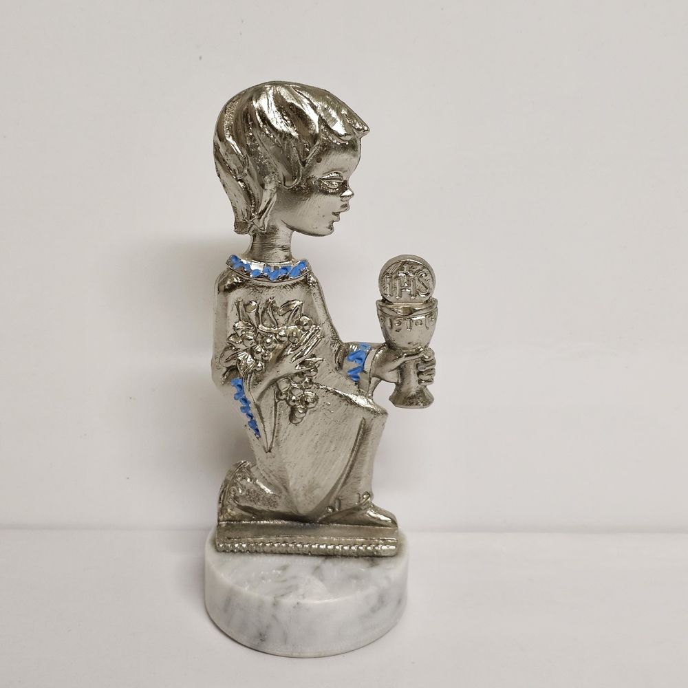✝️ Vintage Italian Religious Figurine – Metal Child with Chalice on Marble Base